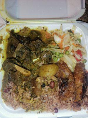 Curry Goat, Rice and Peas Mixed veggies and Plantains.