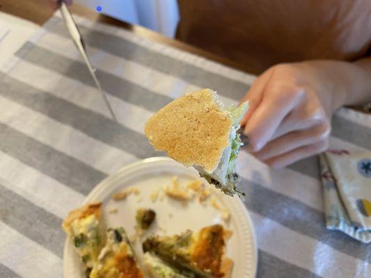 Broccoli and cheese quiche, chickpea salad, peach tart