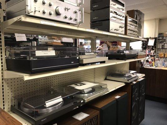 A sampling of turntables, speakers, and amps.