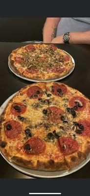 The Brooklyn Pizza and pepperoni, olives, and mushroom pizza.