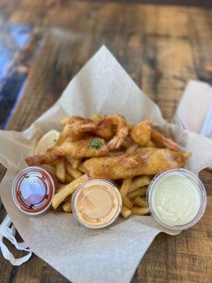 Combo fish and shrimp with chips.