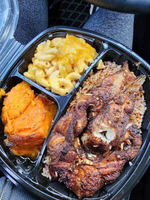 Jerk catfish Steaks mac and cheese,  yams,  and peas and rice