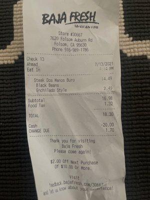 Not worth spending $20 at this Baja fresh ended up throwing my food away.