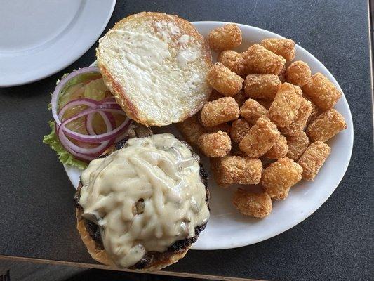 Swiss 'N' Shroomer Burger - Sautéed Mushroom, Onion, Swiss, Thousand Island & Mayo with Tater Tots