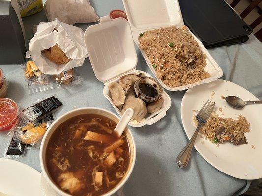 Hot and sour soup, pan fried dumplings, House fried rice