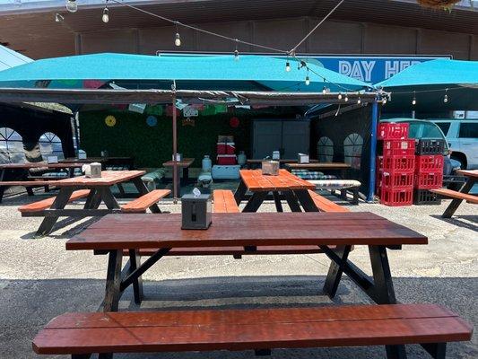 Patio seating outside Juan more tacos