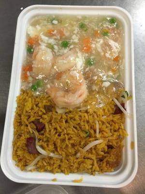 Shrimp & Lobster Sauce Combination Dinner with Pork Fried Rice and Egg Roll on Side