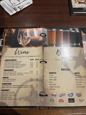 Wine and beer menu as of 11/17/2021