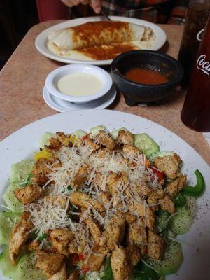 Grilled chicken salad and a big burrito