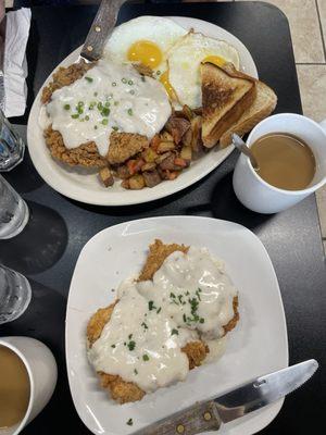 Chicken fried steak breakfast platter and chicken biscuit. Delicious!