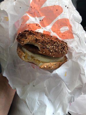 Everything bagel toasted with sausage, egg and cheese