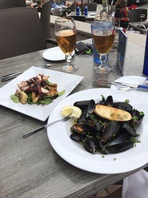 Grilled octopus and white wine mussels.