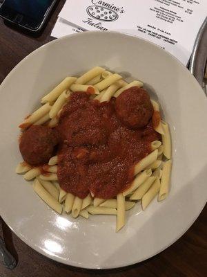 Ziti arrabiata with meatballs