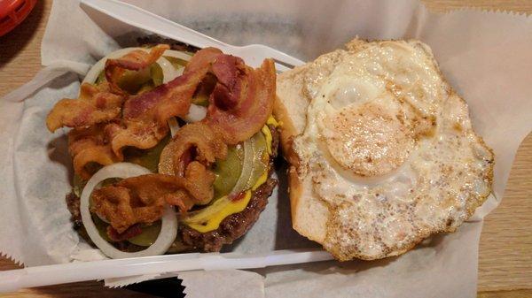 Torch burger with bacon and fried egg