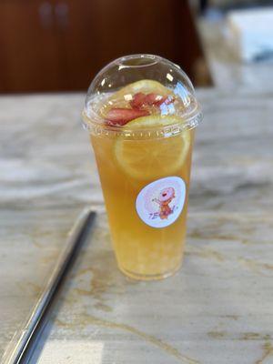 Just Peachy Tea with a generous scoop of lychee popping pearls. Delicious and refreshing! Yum!