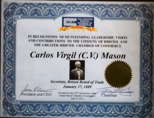 C.V. Mason Honored as Charter Member of Bristol Chamber of Commerce