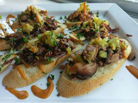 Brisket Crustini's Appitizer used at a catered event. Ask us to cater and you too could have these.