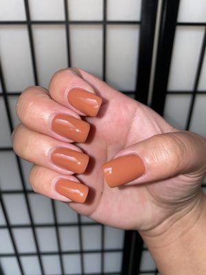 Acrylic tips and gel, a wicked cute fall color that was recommended by the technician