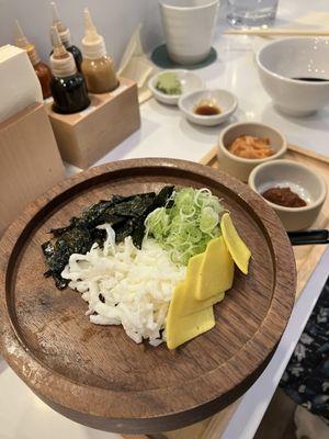 Janchi Guksu Korean rice noodles in fish broth w/yuba $9.50 - toppings