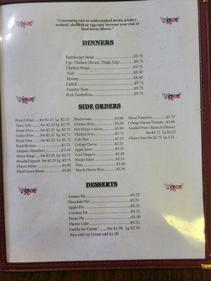 Dinners, side orders & desserts