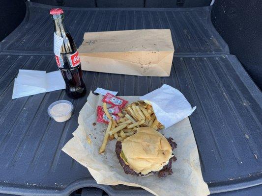 Cheeseburger, fries, Moab sauce, and Mexicoke