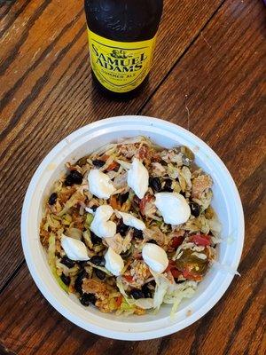 Burrito Bowl, mixed and topped w sour cream ...