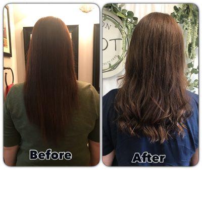 Before and after my new cut.  Hair was so unhealthy and looks amazing now.  Thanks Lydia.