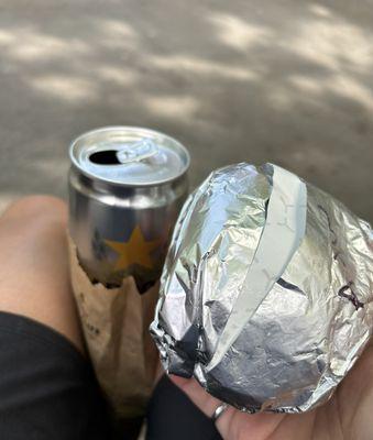 gas station beer and wrapped burger