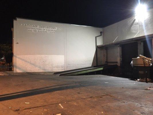 Outdoor view of building at night.