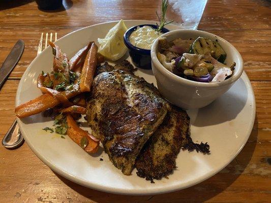 Pan seared catfish, Moraccon carrots