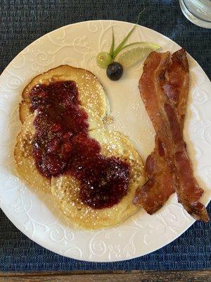 Breakfast 1, Course 2: Buttermilk Pancakes with Raspberry Compote and Bacon