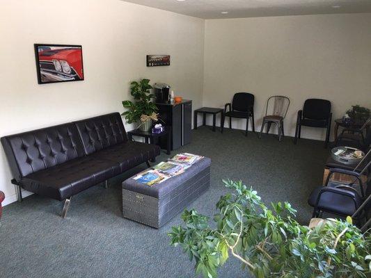 Comfortable and clean waiting room with coffee!