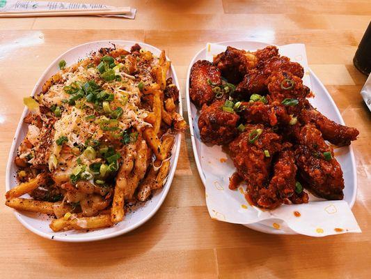 Honey buttered French fries and bone in wings