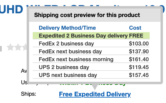 Free expedited 2 Business day Delivery as listed on their site. That I did not receive as advertised.