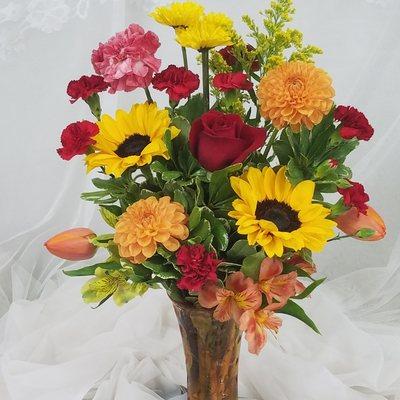 Sunflower, red rose summer bouquet