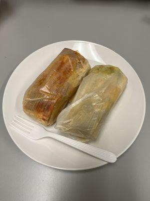 Dojo Pork tamale and Chicken verde tamale. For comparison, the fork is there. These were really nice sized.