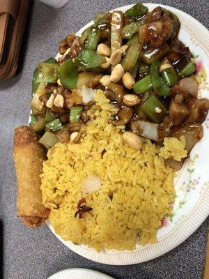 Kung Pao Chicken with pork fried rice and roll