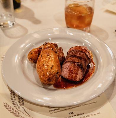 PETITE TENDER 4 oz Local Steak, Rosemary Roasted La Ratte Potatoes, House Demiglace.