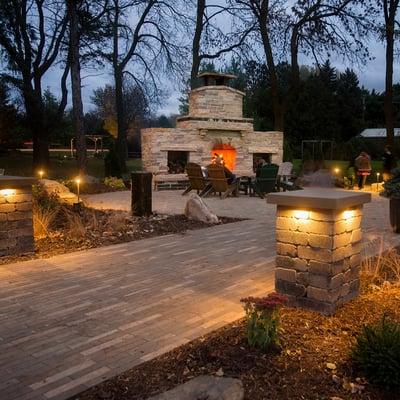 Natural Stone Fireplace & Paver Patio at The Gardens of Castle Rock.