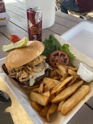 Bacon guacamole burger and steak fries