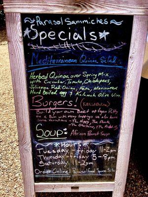 Specials menu (there is also a standard menu and a vegetarian menu).