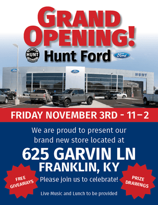 Grand Opening Celebration Friday, Nov 3, 11am -2pm more info on huntauto.com