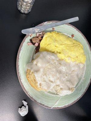 Meat omelet with biscuits and gravy