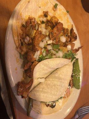 Pastor and grilled shrimp tacos