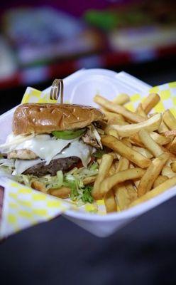 Chula Burger: Beef patty, chicken breast, bacon, mozzarella, red onion, mushrooms, tomato, lettuce, served with fries