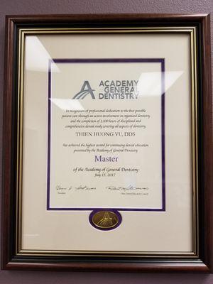 Dr. Vu's Mastership Award ! The Highest Honor for a Dentist to achieve!