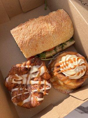 Caprese sandwich, caramel Apple fritter (bottom left), almond bread pudding (bottom right)