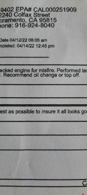 Says I need oil change or top off even tho they charged me for oil and I got oil change at Jiffy lube last month