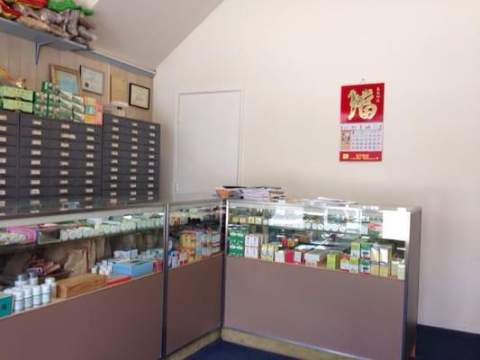 In the front where Dr. Li sells many herbal pills/medicine to complement his acupuncture and acupressure practice.