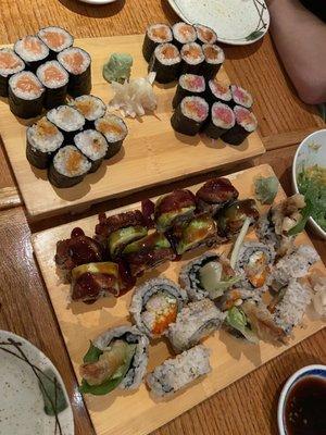 The spread (get the top tray with sashimi rolls!!)